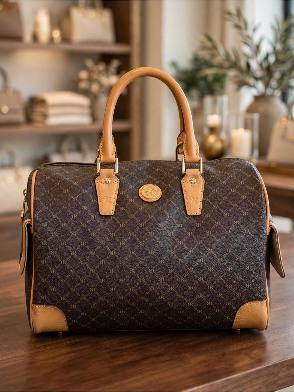 Rioni Monogram Boston Duffel Bag Brown Tan Leather Satchel